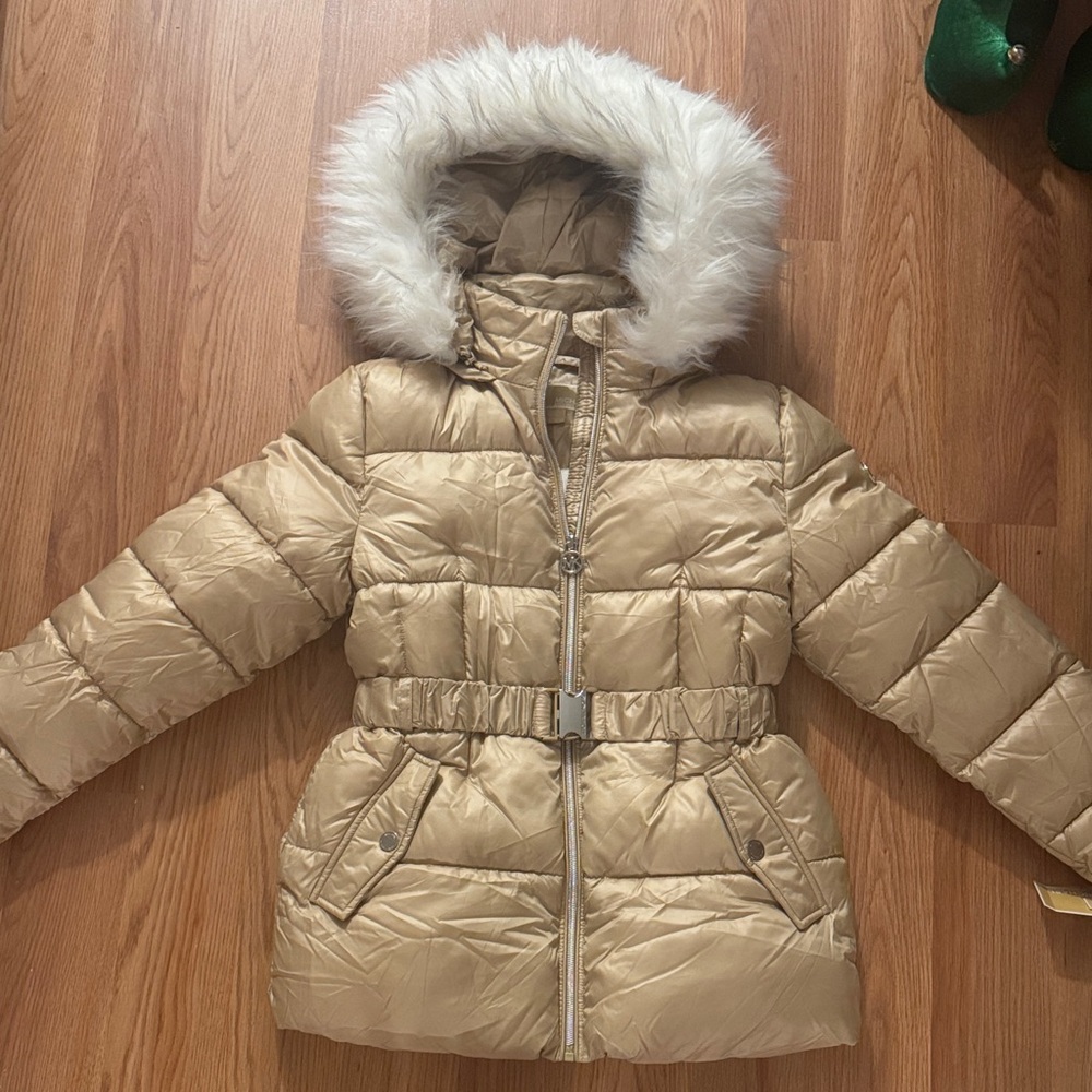 MK Gold Puffer Jacket with Faux Fur Hood